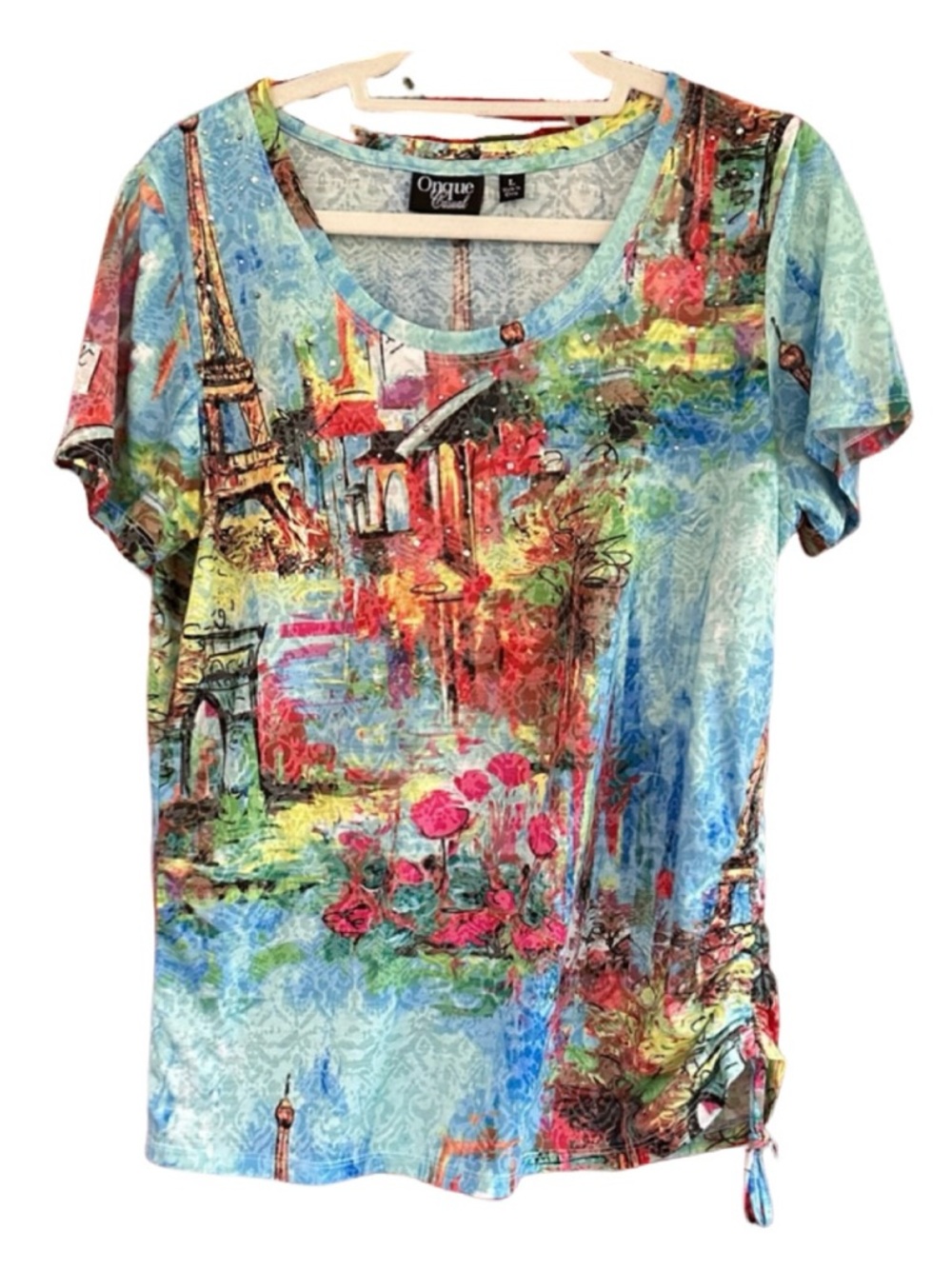 Onque Casual Paris Scene Women's Artistic Blue Top w/rhinestones